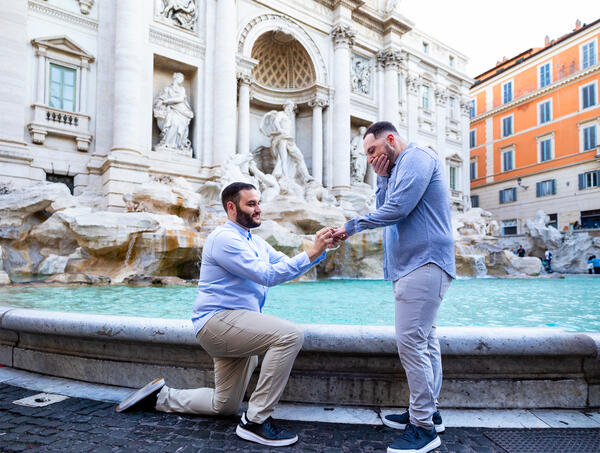 Same-sex Surprise Marrigae proposal at the Trevi Fountain in Rome