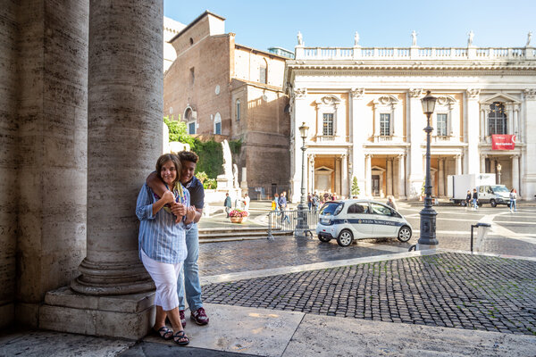 Mother and son together on the Capitoline Hill during a Rome vacation photo shoot
