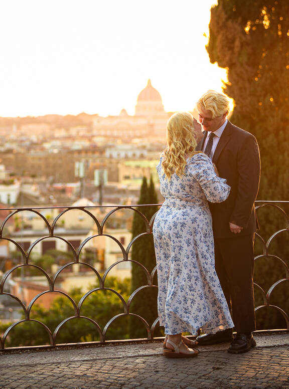Surprise Marriage Proposal in Rome on the Terrazza Belvedere at sunset
