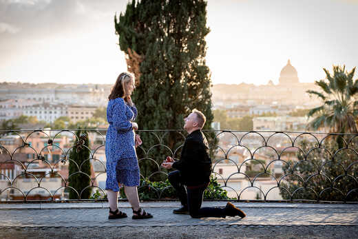 Surprise Proposal on the Terrazza Belvedere at sunset in Rome with Chelsea and Jamie