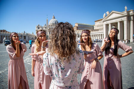 Future bride and bridesmaids in St Peter's Square for a bachelorette photo session