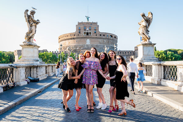 Bachelorette party photo shoot on Castel Sant'Angelo Bridge in Rome