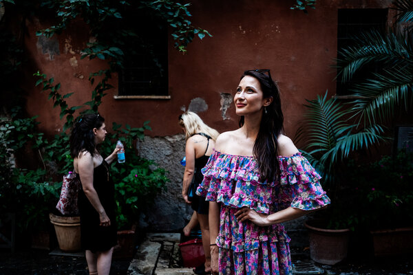 Bachelorette bride to-be posing in an ally in Rome