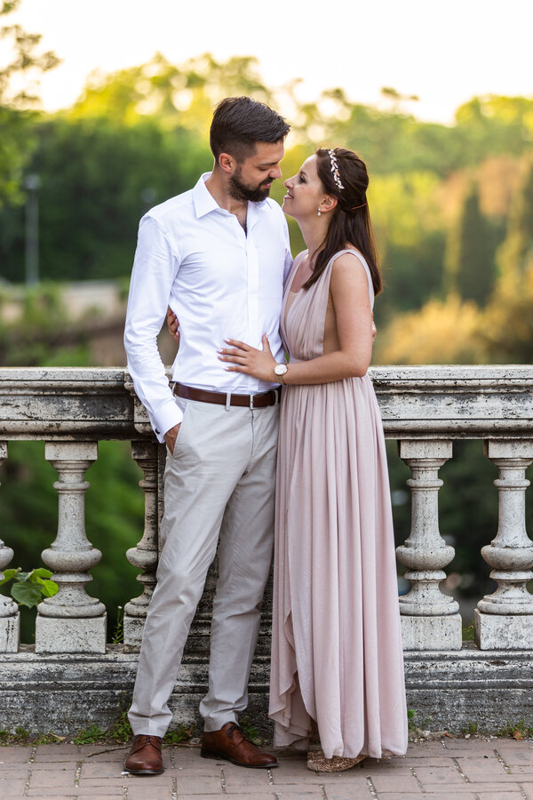 Charming couple in Villa Borghese, celebrating their love with a Honeymoon Photo Shoot. Rome, Italy.