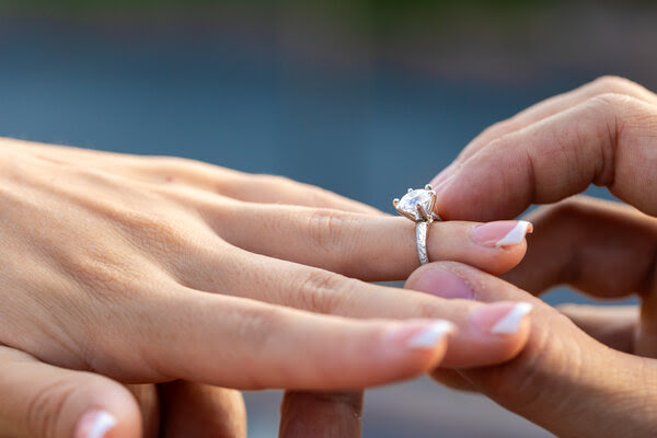 Close-up of a diamond engagement ring on a woman's finger