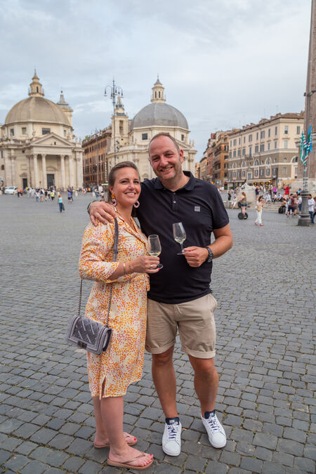 Newly-engaged couple in Piazza del Popolo, during an Marriage Proposal Photo session in Rome