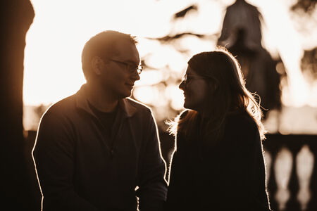 Newly-engaged couple during their proposal photo session at the Pincio Gardens in Rome