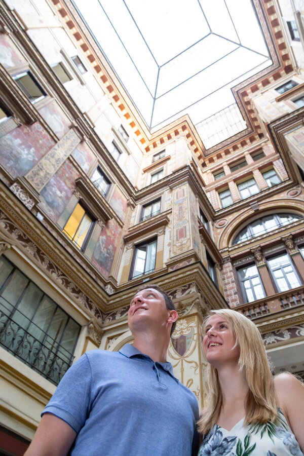 Couple at Galleria Sciarra during their Engagement Photo Session in Rome