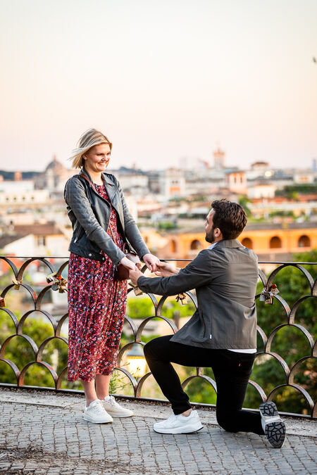 Surprise proposal at the Pincio Gardens at sunset
