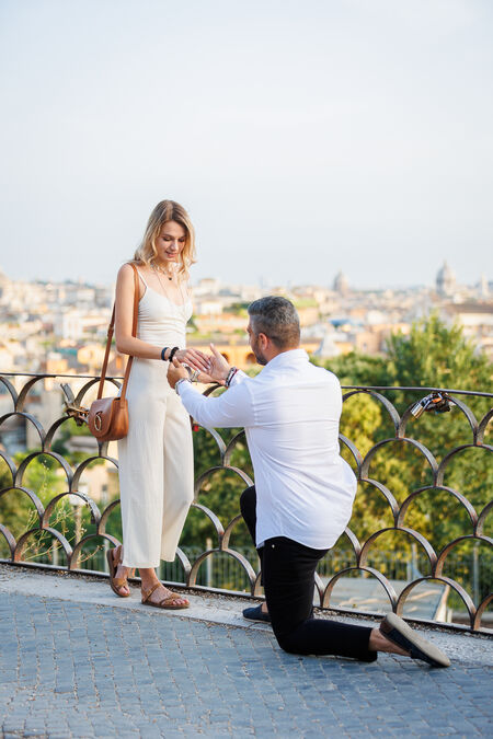 Romantic surprise wedding proposal at the Pincio Gardens in Rome