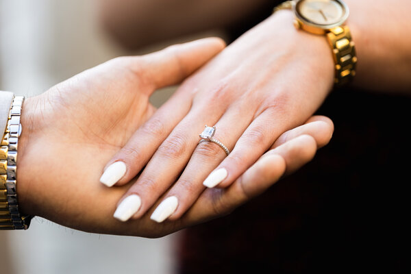 Close-up of a beautiful engagement ring during a surprise proposal photo session in Rome