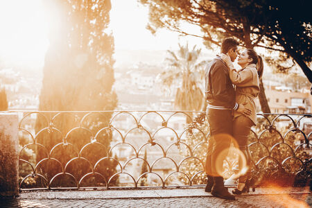 Bethrothed couple at the Pincio Gardens at sunset