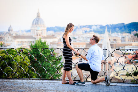 Surprise wedding proposal on the Terrazza Belvedere at the Pincio Gardens in Rome