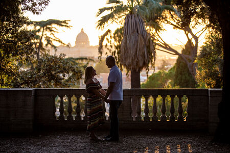 Couple at the Pincio Gardens after a Secret Proposal Photo Shoot in Rome