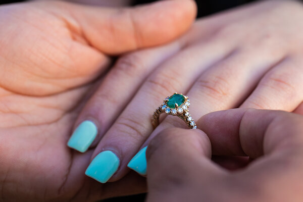 Close-up image of the engagement ring during a surprise proposal photoshoot in Rome