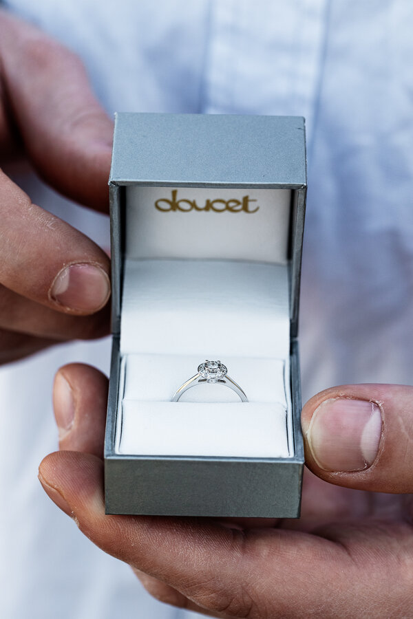 Close-up picture of engagement ring in its box
