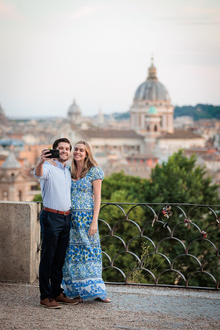 Couple taking a selfie on the Terrazza Belvedere on the Pincian Hill in Rome