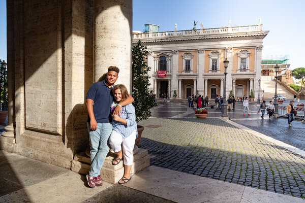 Mother and son together on the Capitoline Hill during a Rome family photo shoot
