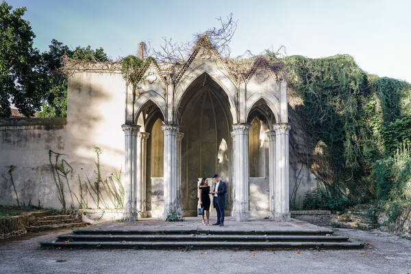 Surprise Proposal in Rome at the Gothic Temple at sunset in Rome with Samantha and Daniel