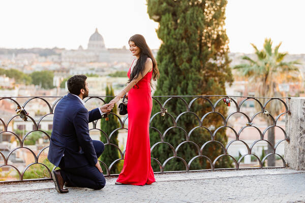 Sunset Surprise Proposal on the Terrazza Belvedere in Rome with Eisha and Kabir