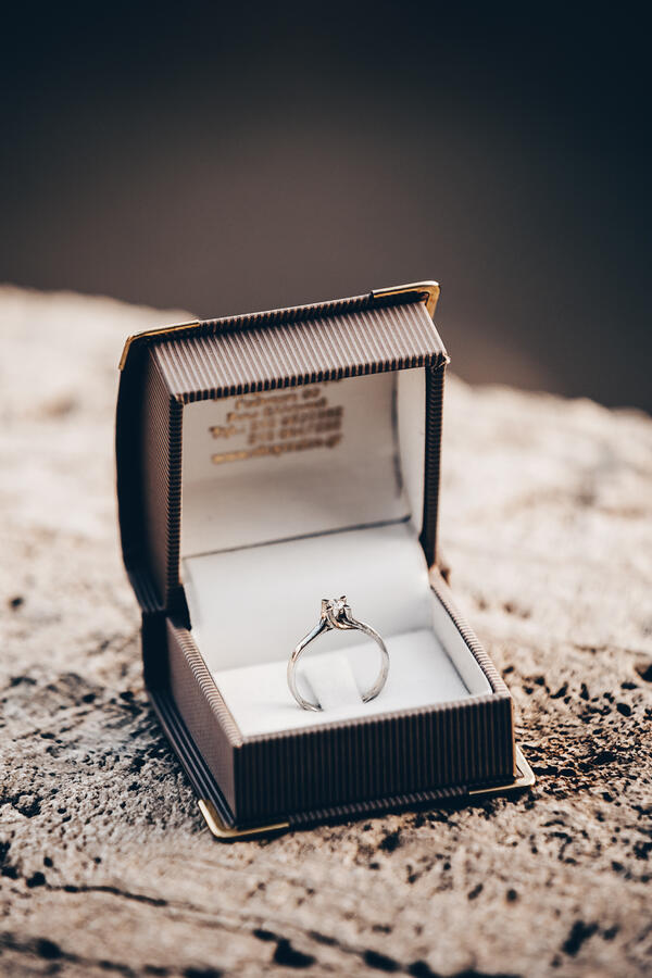 Close-up of the engagement ring in its box